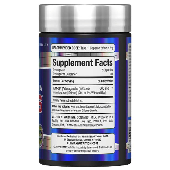 Allmax Nutrition KSM_66 Ashwagandha (60 veggie caps) bottle ingredients and directions. This form of Ashwagandha helps Enhances sexual performance in men and women, Reduces stress and Enhances memory and cognitive function.