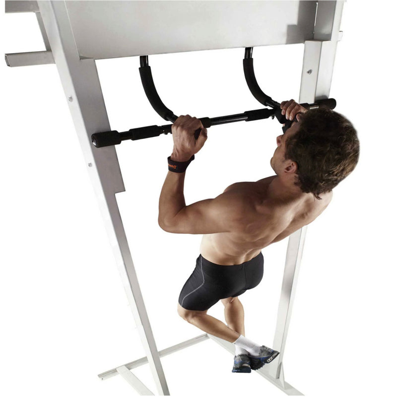Iron Body Fitness Door Gym with man doing chin-ups in a door frame.