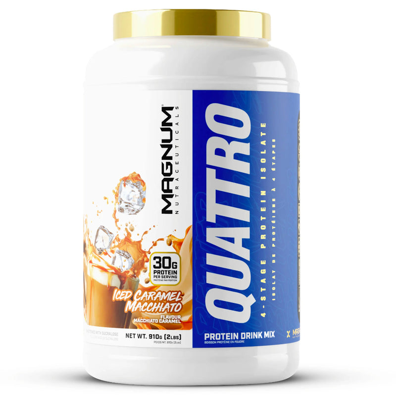 Buy Now! Magnum Nutraceuticals Quattro (2 lbs) Caramel Macchiato. Every scoop of Magnum Quattro delivers 30 grams of protein through four absorption stages, contributing to a sustained positive nitrogen balance for up to six hours.