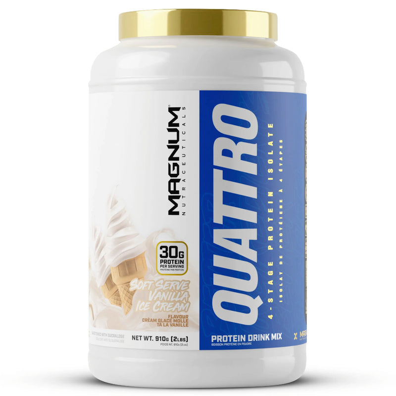 Buy Now! Magnum Nutraceuticals Quattro (2 lbs) Soft Serve Vanilla Ice Cream. Every scoop of Magnum Quattro delivers 30 grams of protein through four absorption stages, contributing to a sustained positive nitrogen balance for up to six hours.