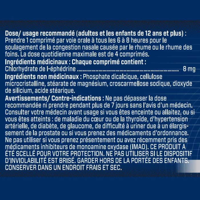 4EVERFIT | 4 Ever Fit | Ephedrine HCL 8 mg (50 tablets) directions and ingredients in french language. Oral Nasal Decongestant. Pharmaceutical Grade.