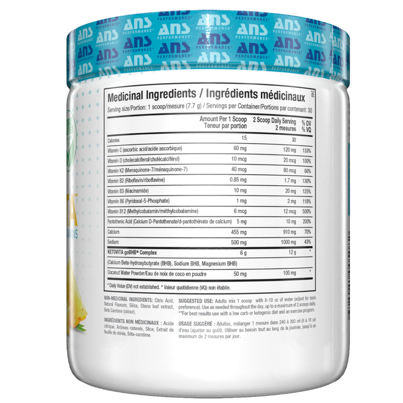 ANS Performance KETOVITA (30 servings) Bottle image with ingredients & directions. Ketones can help support a state of ketosis, where fat is used as the body’s primary source of energy. Ketones can also enhance cognitive function, reduce inflammation and help balance hormones involved with blood sugar and appetite.