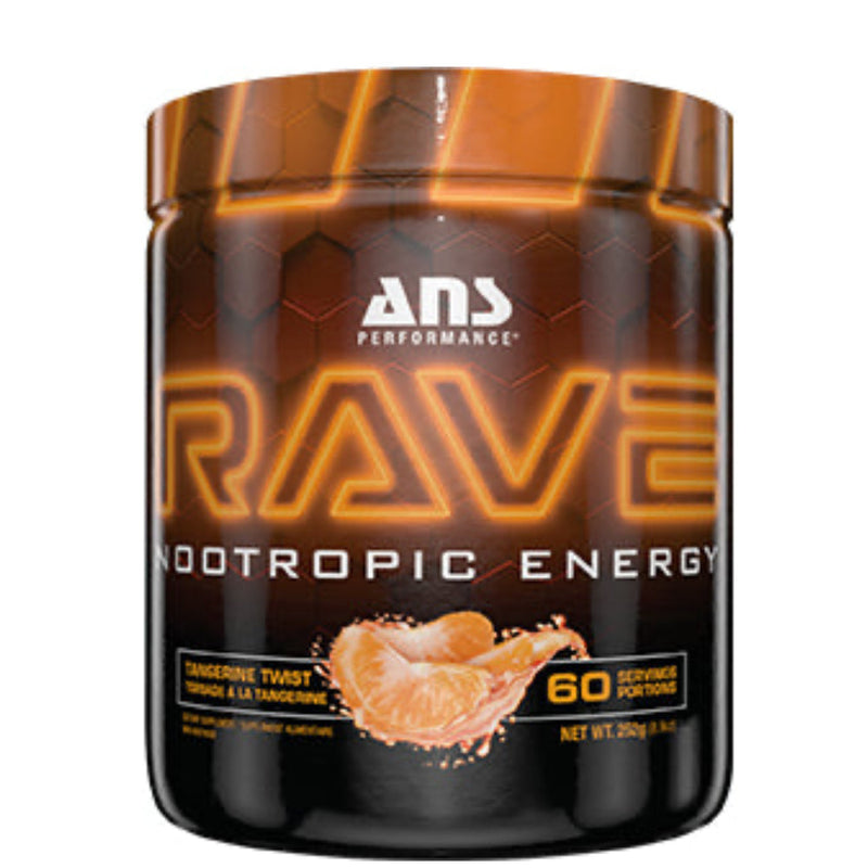 Buy Now! ANS Performance RAVE (60 servings) Tangerine Twist. RAVE Pre-Workout is unbridled energy and unmatched mental enhancement. Workouts are more intense, big projects become child's play, exams wilt under your powerful pen and games yield to your enhanced reaction time.