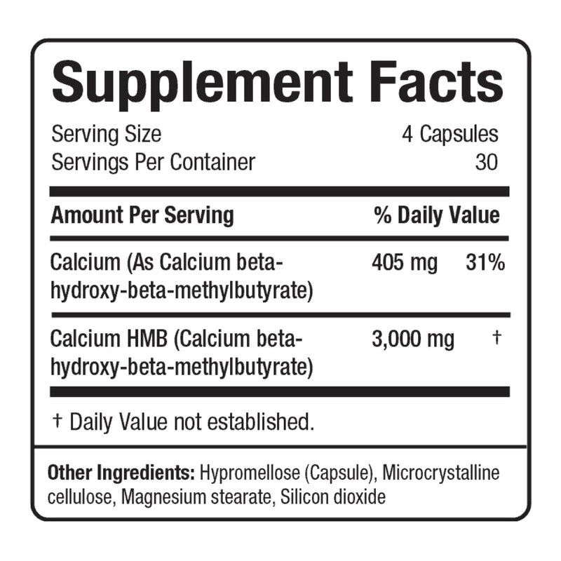 Allmax Nutrition HMB 3000 (120 Veggie Caps) Supplement Facts of ingredients | Beta-Hydroxy Beta-Methylbutyrate. Helps build muscle.
