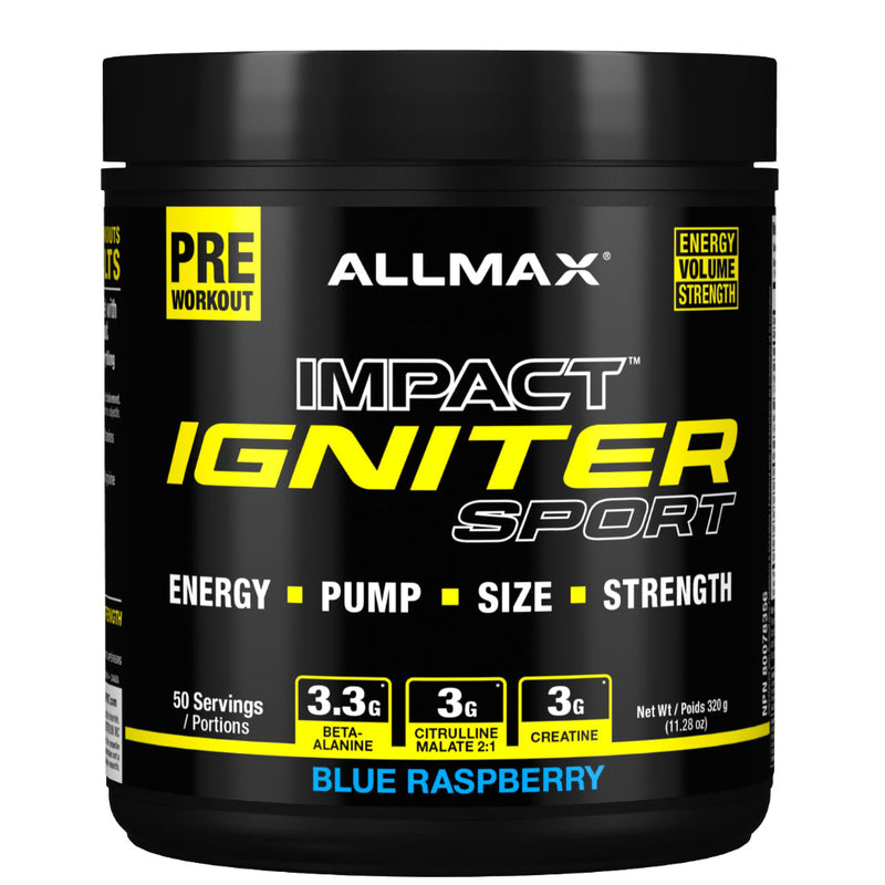 Allmax Nutrition Impact Igniter Sport Blue Raspberry (50 servings) Pre-workout supplement.