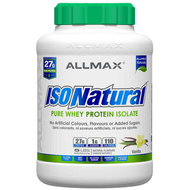 Buy Now! Allmax Nutrition IsoNatural 5 lbs Vanilla. With no artificial flavours, ZERO sugar, and no colour added, IsoNatural contains 27 grams of pure isolate whey protein in every scoop. It’s fat free, contains less than 1 gram of carbohydrate, and is 99% lactose free!
