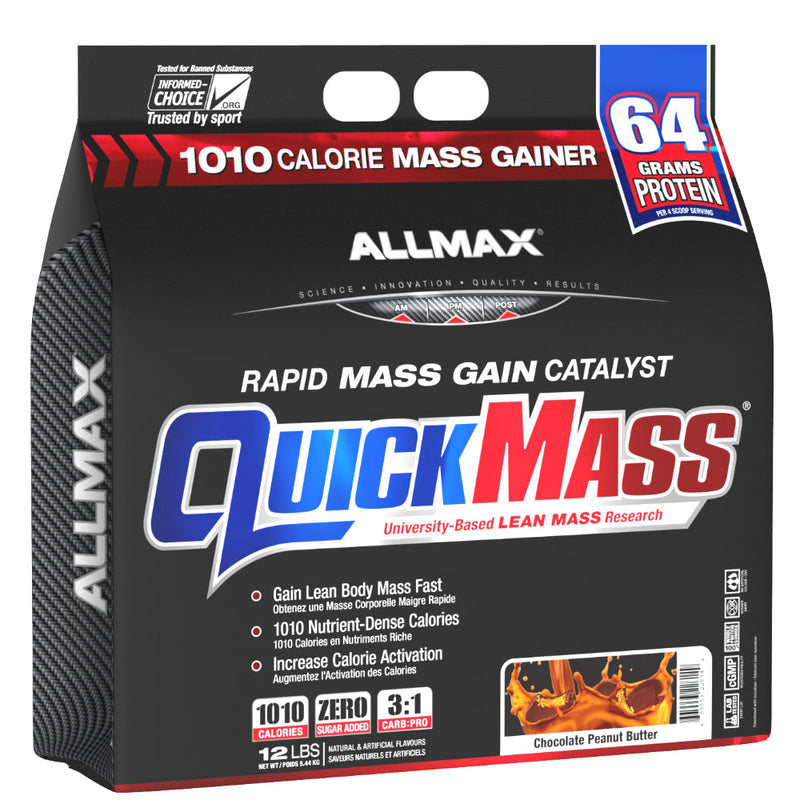 Buy Now! Allmax Nutrition Quickmass (12 lbs) Chocolate Peanut Butter bag image. QUICKMASS works by providing a precise 1010 calories per serving (four scoops) with custom engineered nutrient matrices that set the gold-standard in lean mass protein.