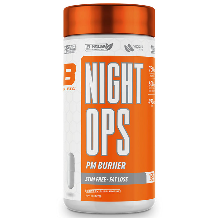 Buy Now! Ballistic Labs Night OPS pm burner (125 caps). Ballistic Labs Night Ops is a very unique formula, it contains clinical dosages of science proven ingredients for fat oxidation like L-Carnitine Tartrate, Green Coffee Bean (non-caffeinated), Raspberry Ketones, and Forslean-Coleus Forskohlli. 