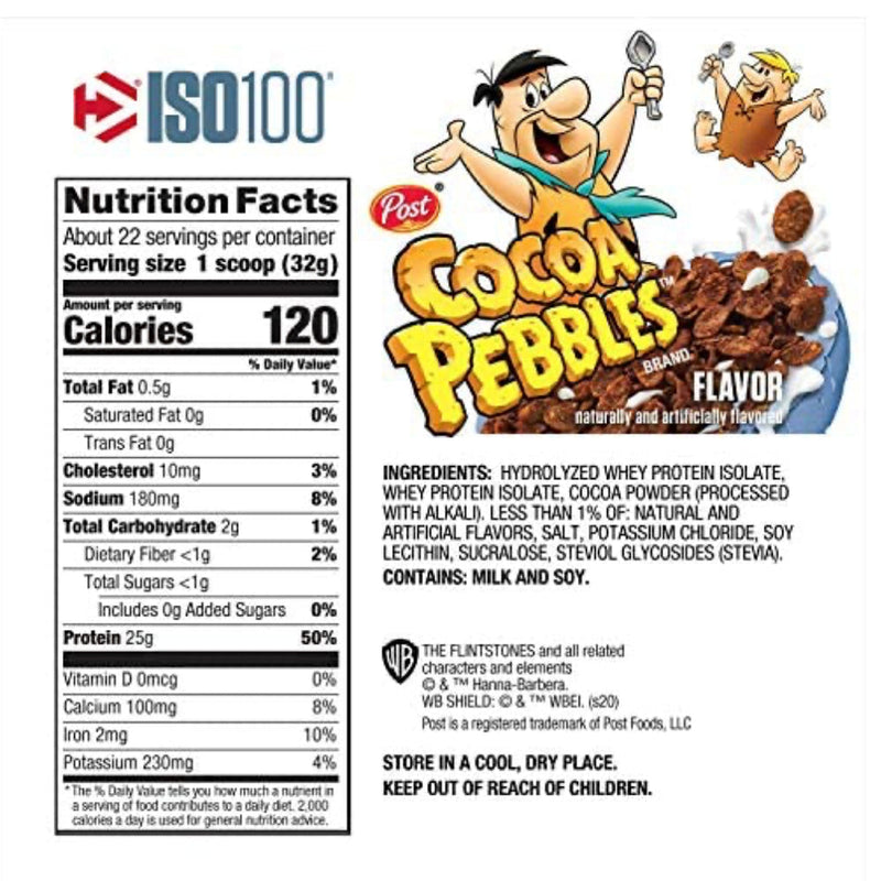 Dymatize ISO100 (20 servings) Cocoa Pebbles supplement facts of ingredients. Highest-quality protein powders in the game, it’s filtered to remove excess lactose, carbs, fat, and sugar for maximum purity, mixability and gains. Don’t just beat your best.