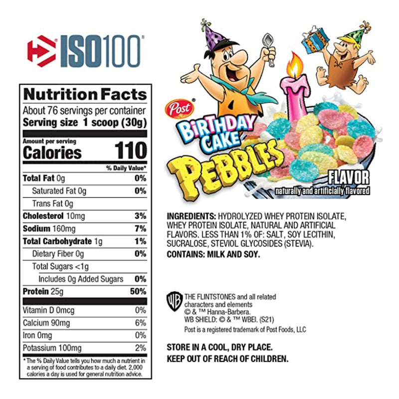 Dymatize ISO100 (20 servings) Birthday Cake Pebbles supplement facts of ingredients. Highest-quality protein powders in the game, it’s filtered to remove excess lactose, carbs, fat, and sugar for maximum purity, mixability and gains. Don’t just beat your best.