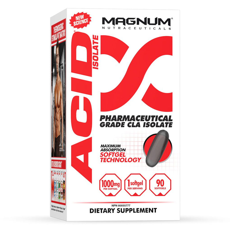 Magnum Nutrition Acid Isolate (90 soft gels) old bottle image. Our conjugated linoleic acid (CLA) supplement is formulated with CLA isomers: cis-9, trans-11, trans-10, and cis-12.  Helps improve body composition & Supports reduction in fat mass.
