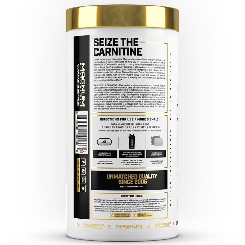 Magnum Nutraceuticals Carne Diem (96 caps) bottle image with information. Carne Diem® is the world’s most effective Carnitine based fat burner. This product succeeds where current L-Carnitine products have failed.
