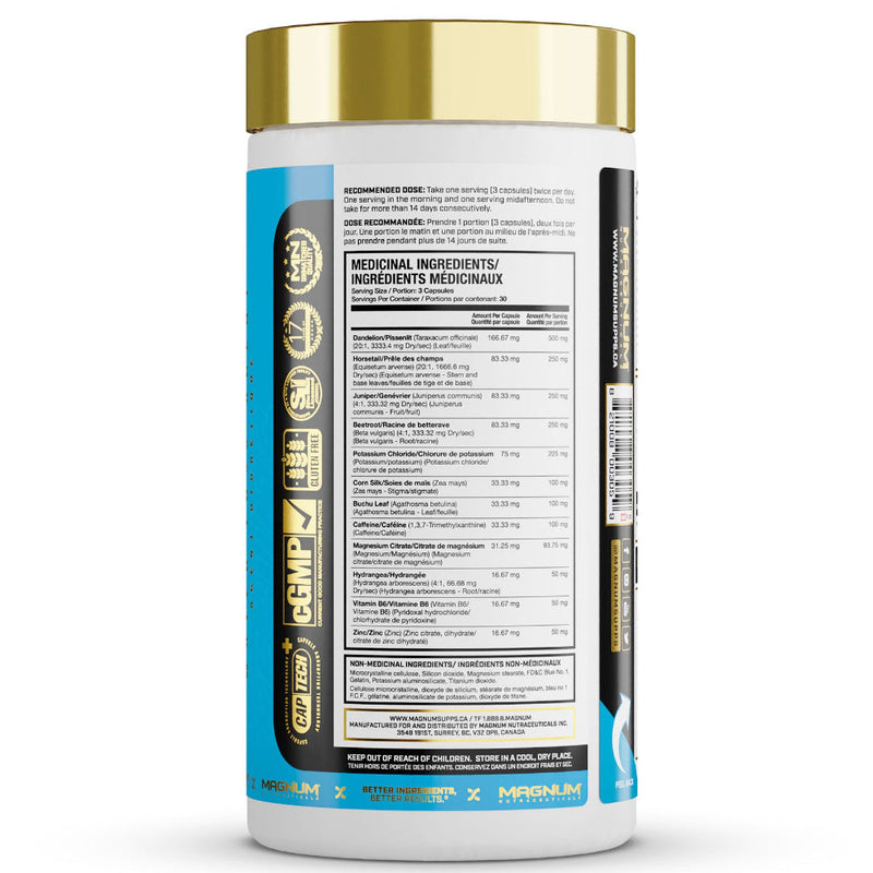 Magnum Nutraceuticals Drip Dry (90 caps) bottle image of ingredients. Drip Dry is leading the next generation of natural water-shedding supplements by sparing your all important anti-cramping electrolytes, while simultaneously acting as a powerful diuretic.