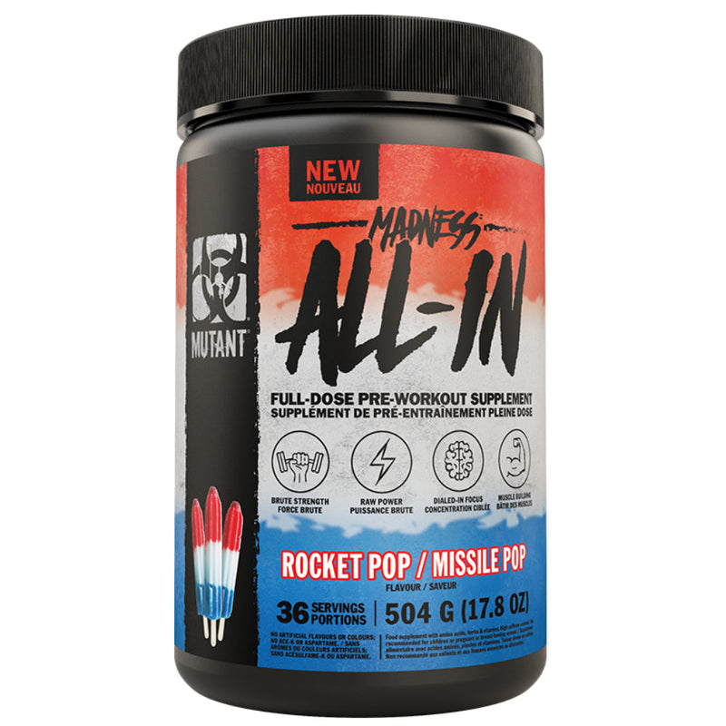 Buy Now! Mutant Madness ALL-IN Pre-workout (36 servings) Rocket Pop. Mutants ALL-IN pre-workout maxes out the 4 cores of ultimate training performance: Strength & Power, Protein Synthesis, Neuro-hacking, and Muscle Hydration.