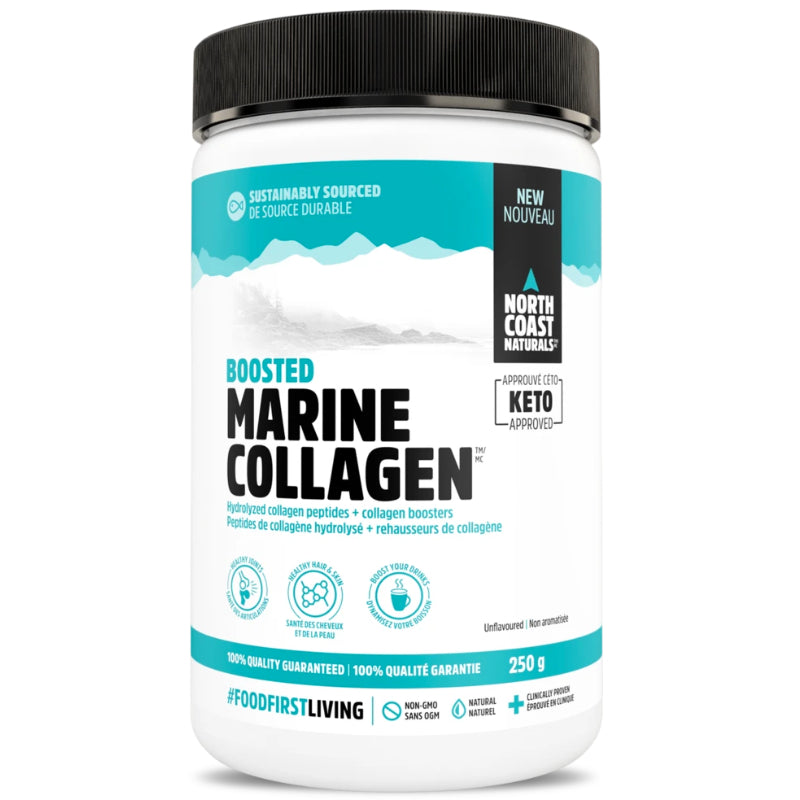 Buy Now! North Coast Naturals Boosted Marine Collagen Powder (250 g). Boosted Marine Collagen™ is an excellent alternative to bovine-sourced collagen. Added L-Lysine, Glycine, Vitamin C and Biotin help further boost overall joint, hair, nail and skin collagen formation.