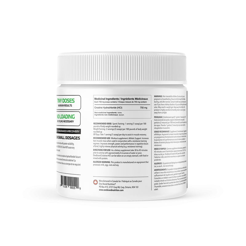 One Brand Nutrition Pure Creatine HCl Powder (200 Servings) side label with ingredients. OneBrands Pure Unflavoured Creatine HCl is the cleanest form of Creatine hydrochloride on the Canadian market with the greatest absorption and effectiveness compared to all other forms of Creatine.