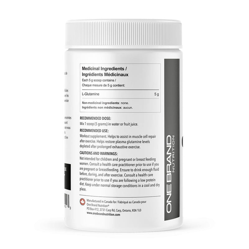 One Brand Nutrition L-Glutamine Powder(500 g) side label with ingredients. L-Glutamine plays a very important role in protein metabolism, cell volumization, and the decreasing of muscle breakdown.