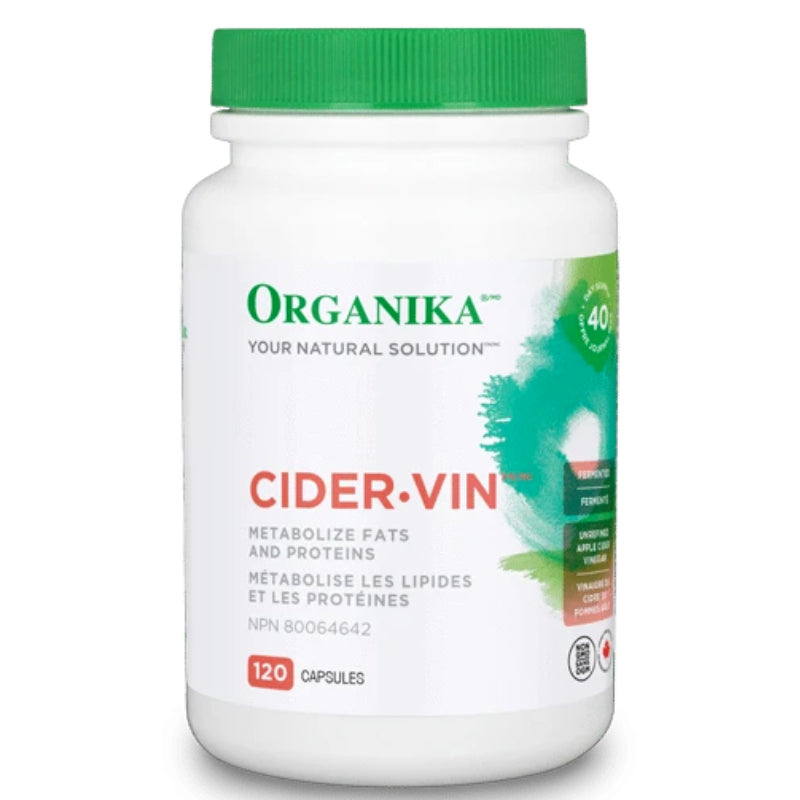 Buy Organika Health Cider Vin (120 caps) Apple Cider Vinegar. Providing the equivalent to 6 mg of Vitamin C per capsule, Cider-Vin provides an essential co-factor for metabolism of carbohydrates, protein and fats.