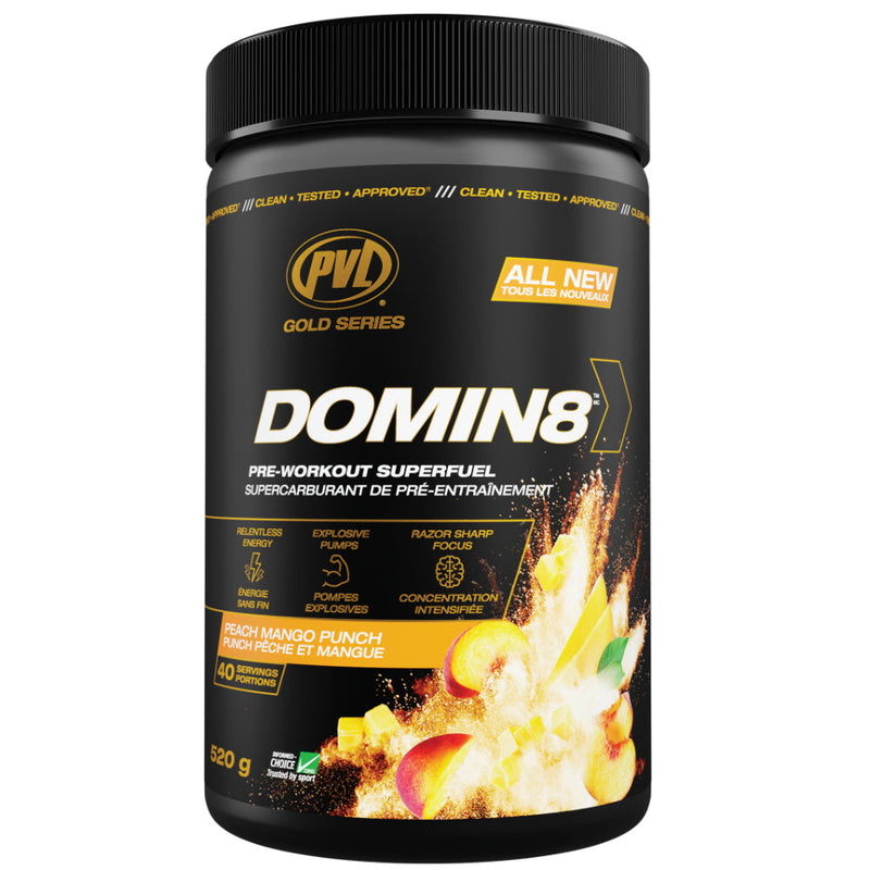 Buy Now! Pure Vita Labs DOMIN8 Pre-Workout (40 servings) Peach Mango Punch. PVL's research driven complex of 8 mission critical ingredients, fully loaded to deliver euphoric energy & focus that sets a new standard.