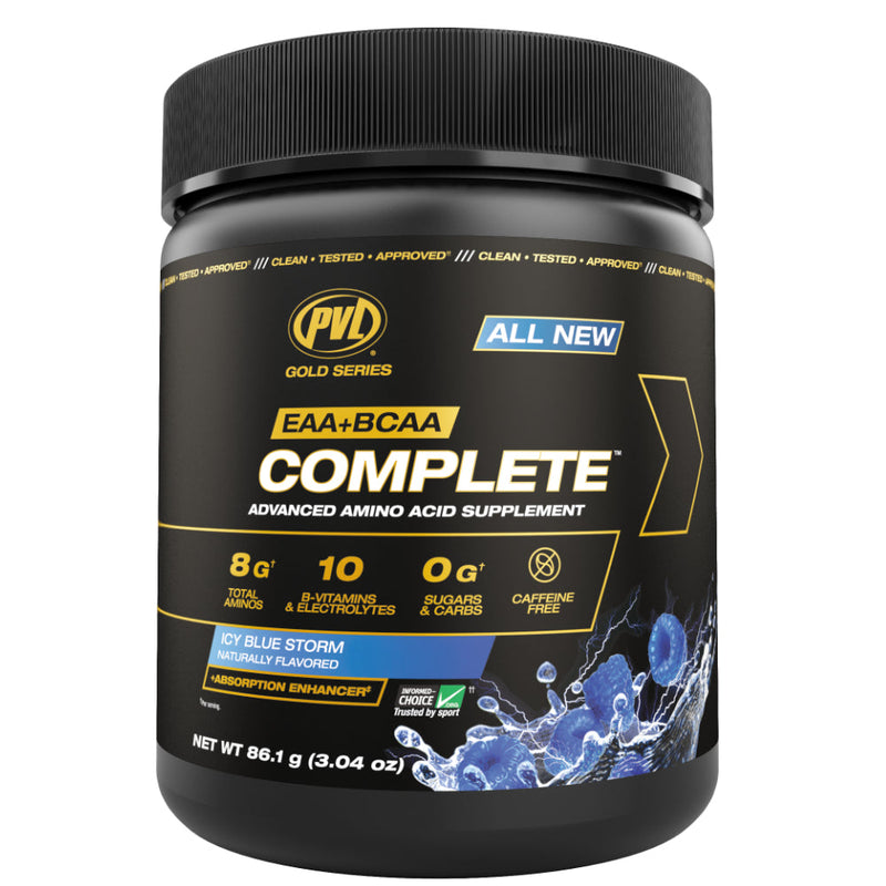 Buy Now! PVL - Pure Vita Labs EAA+BCAA Complete (7 servings) Icy Blue Storm. EAA+BCAA COMPLETE™ is a complete EAA (essential amino acid) blend. 