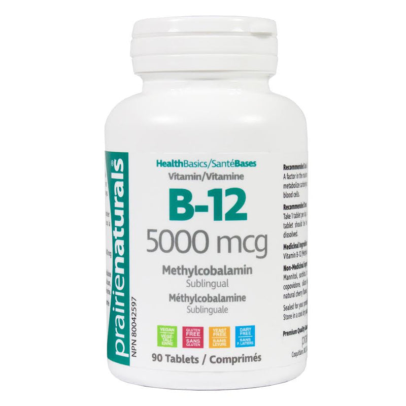 Buy Now! Prairie Naturals Vitamin B-12 5000 mcg (90 Sublingual B12 Tabs) | bottle image
