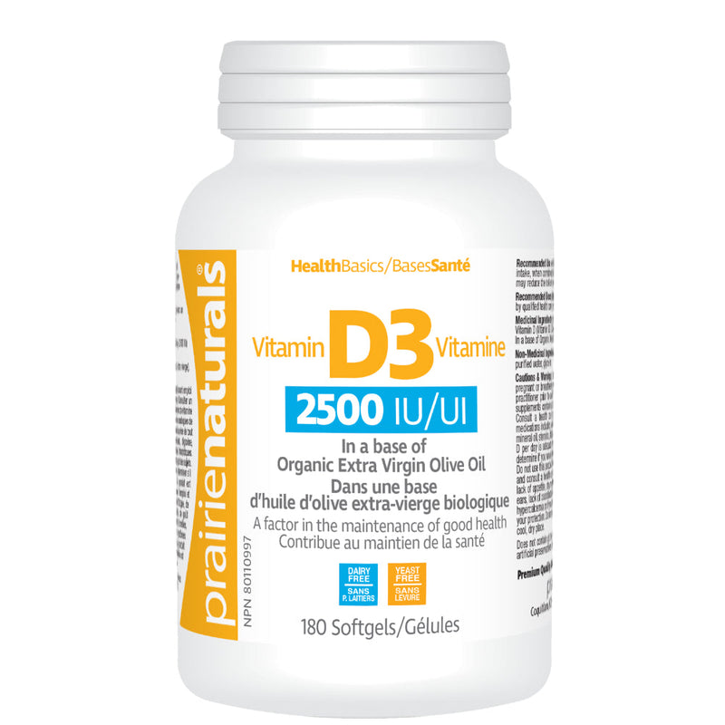Buy Now! Prairie Naturals Vitamin D3 2500IU (180 softgels). Vitamin D not only helps strengthen bones; Vitamin D also protects against dementia, depression, diabetes, obesity, certain cancers and MS.