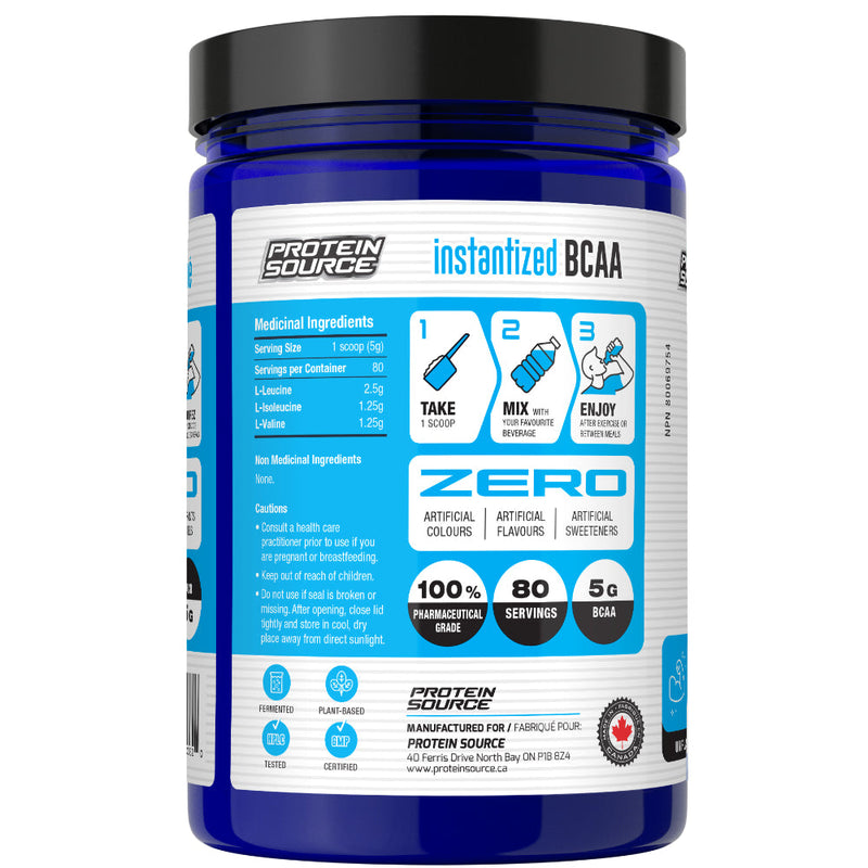 Protein Source BCAA Powder (400 g) bottle ingredients. Branched-chain amino acids (BCAAs) include leucine, isoleucine, and valine. BCAAs are needed for the maintenance of muscle tissue.