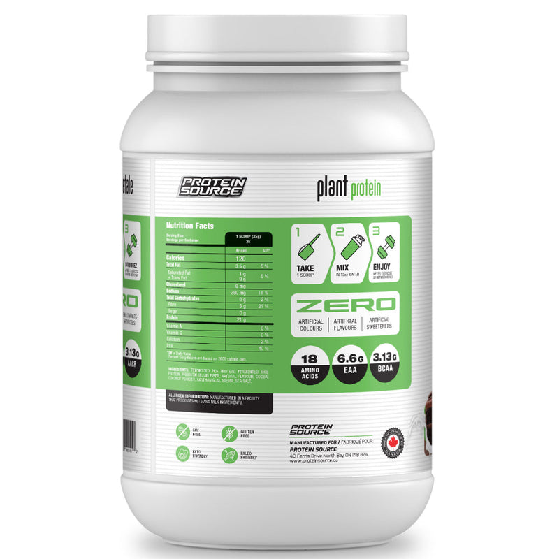 Protein Source Plant Protein (2 lbs) supplement facts of ingredients. Plant Protein is a 100% plant-based protein powder made up of 2 high quality vegan proteins Fermented Pea & fermented Rice Protein. 
