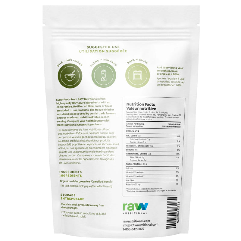 Raw Nutritional Pure Organic Matcha Tea Powder (150 g) supplement facts of ingredients. Organic Matcha tea prevents you from some negative effects of coffee. Unlike coffee, it releases its caffeine over several hours. This gives you long-lasting stimulation and enough energy for the day.