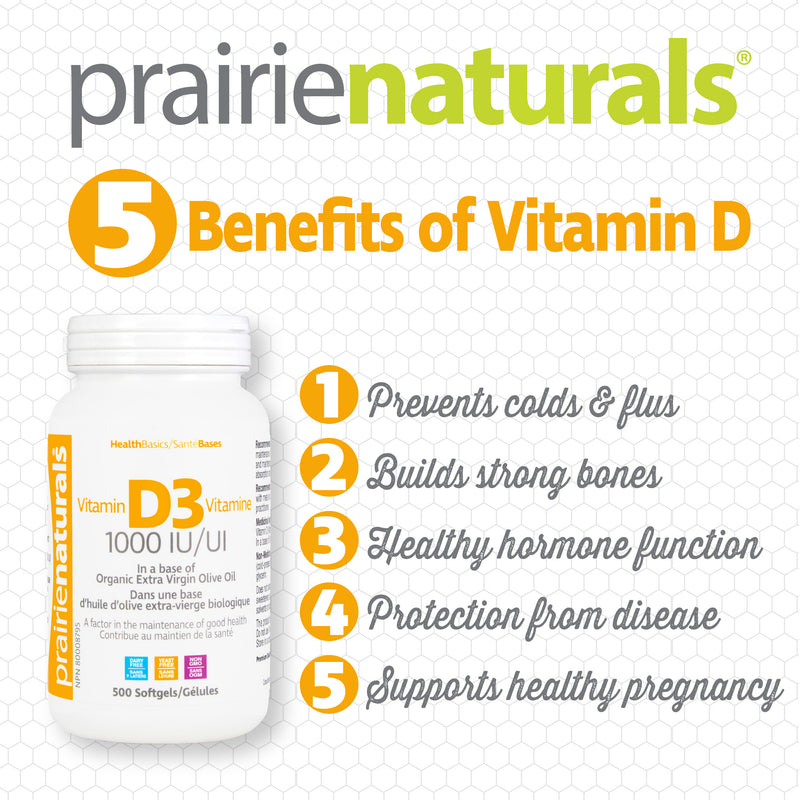 Prairie Naturals Vitamin D3 2500IU (180 softgels) selling points. Vitamin D not only helps strengthen bones; Vitamin D also protects against dementia, depression, diabetes, obesity, certain cancers and MS.