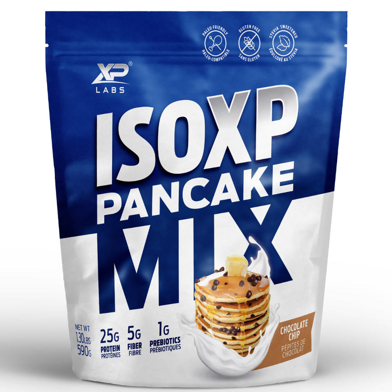 Buy Now! XPLABS ISOXP Pancake Mix (chocolate chip). Made with pure grass fed whey isolate and Gluten-Free whole grain oat flour, ISO XP Prebiotic Pancakes are Amazing! Ready to eat with the addition of just water + heat.