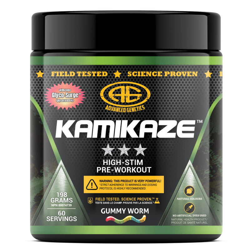 Buy Now! Advanced Genetics Kamikaze (40 servings) Gummy Worm. With 500mg of caffeine per full scoop, coupled with the most powerful stimulants and nootropics available, this is one pre-workout that will have you powering through any training session and putting your gym bros to shame.