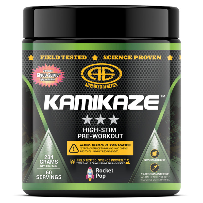 Buy Now! Advanced Genetics Kamikaze (40 servings) Rocket pop. With 500mg of caffeine per full scoop, coupled with the most powerful stimulants and nootropics available, this is one pre-workout that will have you powering through any training session and putting your gym bros to shame.