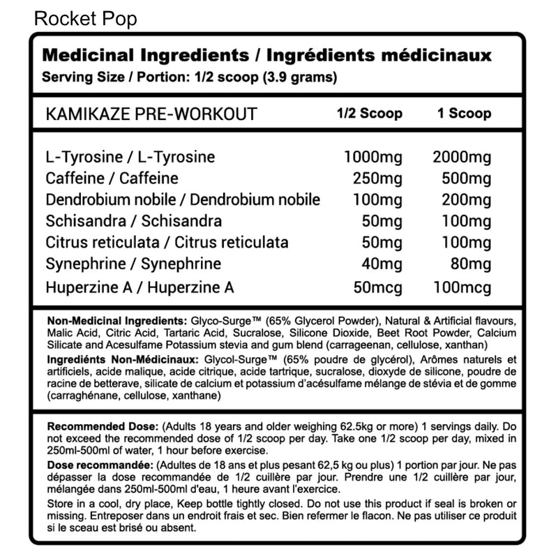 Advanced Genetics Kamikaze (40 servings) Rocket Pop Supplement facts of ingredients.