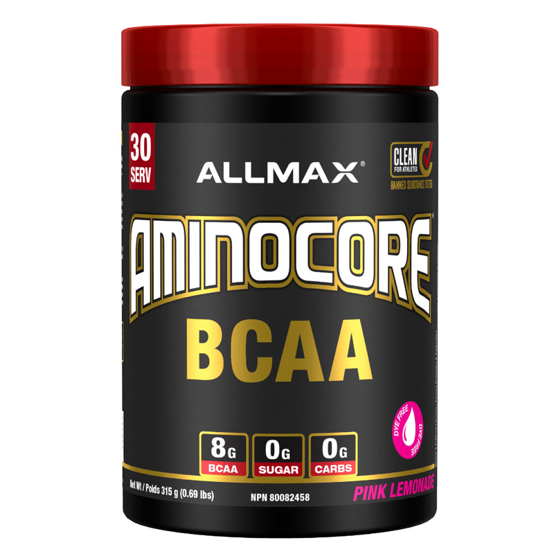 Allmax Nutrition Aminocore BCAA 30 servings Amino Acid Drink Mix Pink Lemonade.