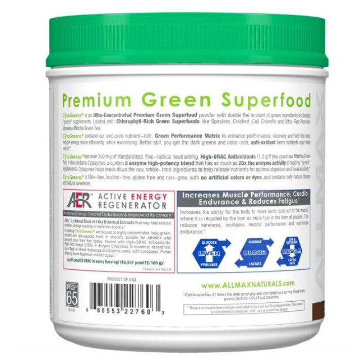Allmax Nutrition CytoGreens 60 servings chocolate premium green superfood for athletes instructions on how to use.
