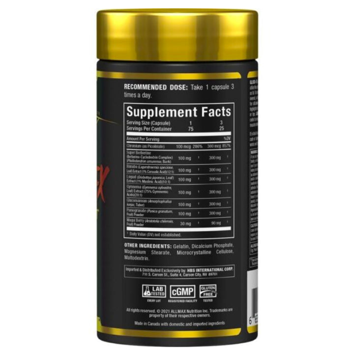 Allmax Nutrition GLUCO FX glucose disposal agent 75 capsules ingredients on the back of the bottle.