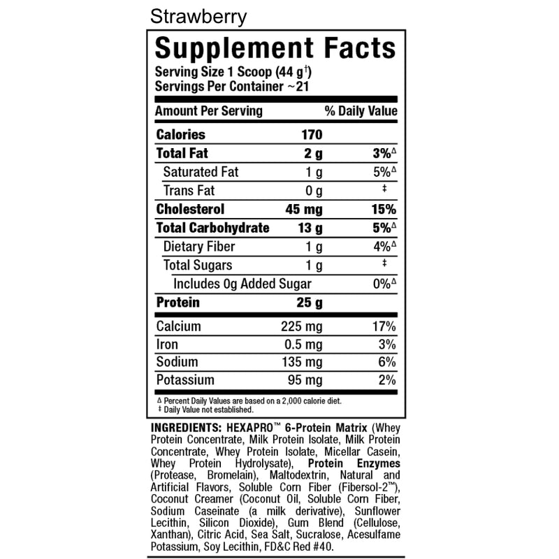 Allmax Nutrition Hexapro 2 lbs Strawberry Supplement Facts of ingredients.