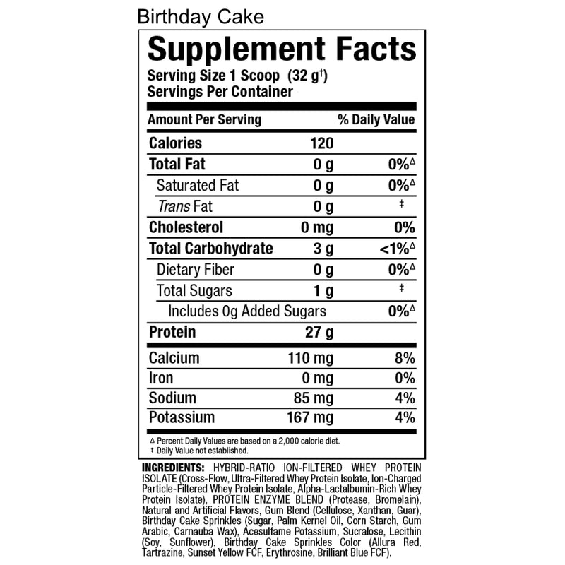 Allmax Nutrition Isoflex 2 lbs Birthday Cake protein powder supplement facts of ingredients.