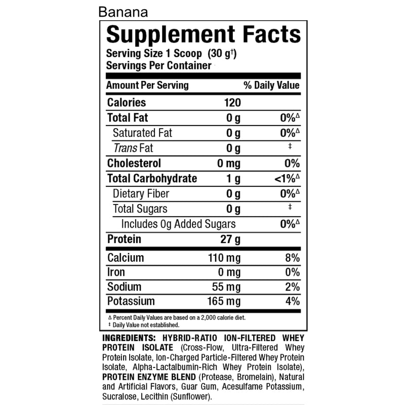 Allmax Nutrition isoflex 5 lbs Banana protein powder supplement facts of ingredients. Pure whey protein isolate with the most amazing taste!
