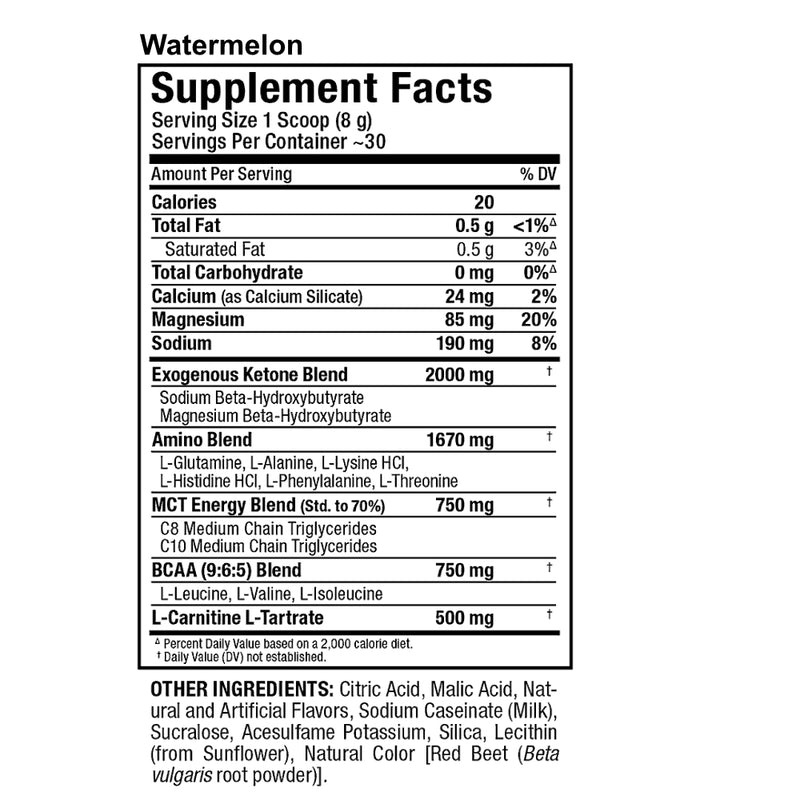 Allmax Nutrition KETOCUTS (30 servings) Watermelon supplement facts of ingredients. Ketogenic Energy Drink to help boost ketones and support body fat reduction.