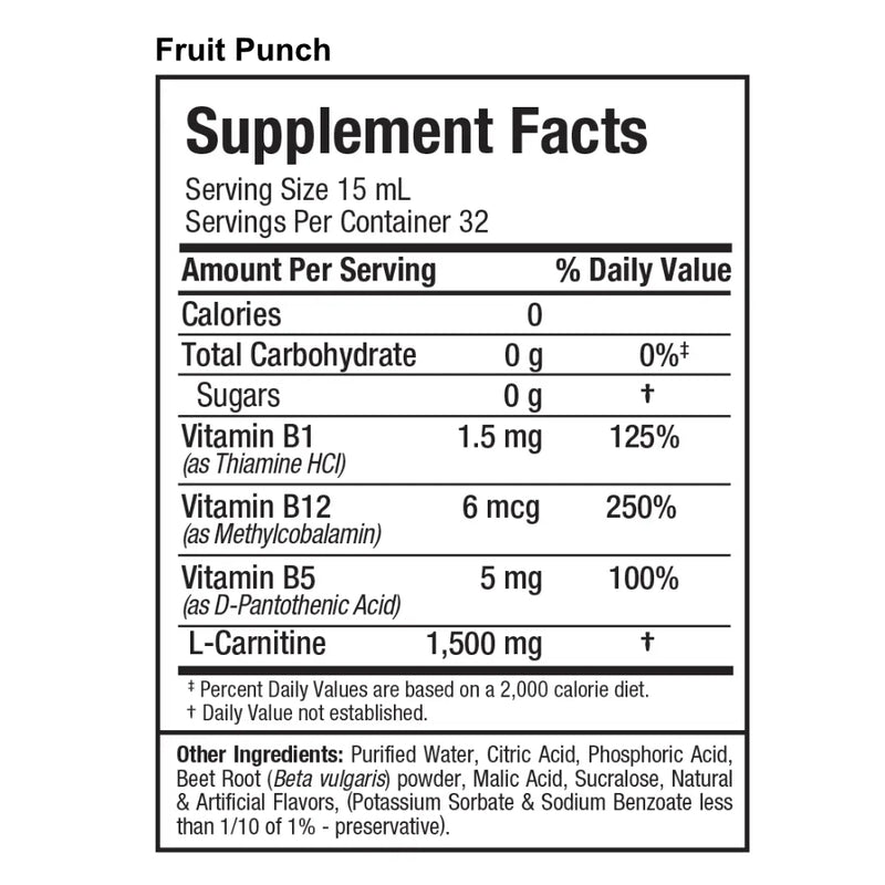 Allmax Nutrition Liquid L-Carnitine (473 ml) Fruit Punch supplement facts of ingredients. Helps convert fat into energy as a weight loss support.