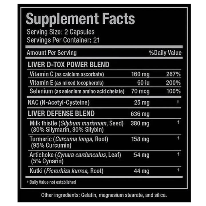 Allmax Nutrition Liver DTOX (42 capsules) Supplement facts of ingredients. The ultimate liver protection in a 21 days easy to take liver detox system.