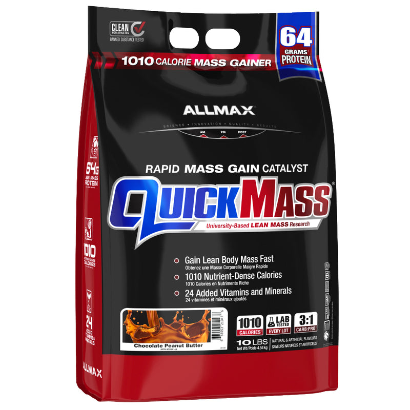 Buy Now! Allmax Nutrition Quickmass (10 lb) Chocolate Peanut Butter. QUICKMASS works by providing a precise 1010 calories per serving (four scoops) with custom engineered nutrient matrices that set the gold-standard in lean mass protein.