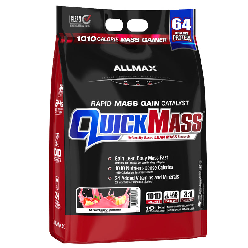 Buy Now! Allmax Nutrition Quickmass (10 lb) Strawberry Banana. QUICKMASS works by providing a precise 1010 calories per serving (four scoops) with custom engineered nutrient matrices that set the gold-standard in lean mass protein.
