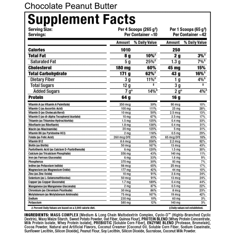 Allmax Nutrition Quickmass (10 lb) Chocolate Peanut Butter Supplement Facts of Ingredients. QUICKMASS works by providing a precise 1010 calories per serving (four scoops) with custom engineered nutrient matrices that set the gold-standard in lean mass protein.