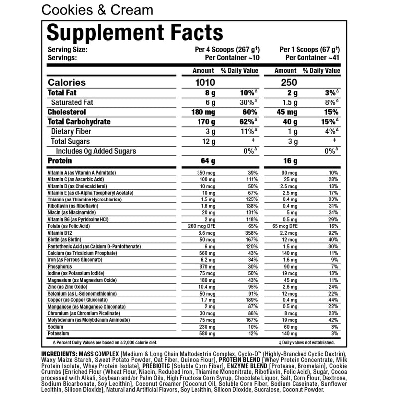 Allmax Nutrition Quickmass (10 lb) Cookies & Cream Supplement Facts of Ingredients. QUICKMASS works by providing a precise 1010 calories per serving (four scoops) with custom engineered nutrient matrices that set the gold-standard in lean mass protein.