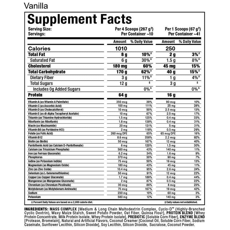 Allmax Nutrition Quickmass (10 lb) Vanilla Supplement Facts of Ingredients. QUICKMASS works by providing a precise 1010 calories per serving (four scoops) with custom engineered nutrient matrices that set the gold-standard in lean mass protein.