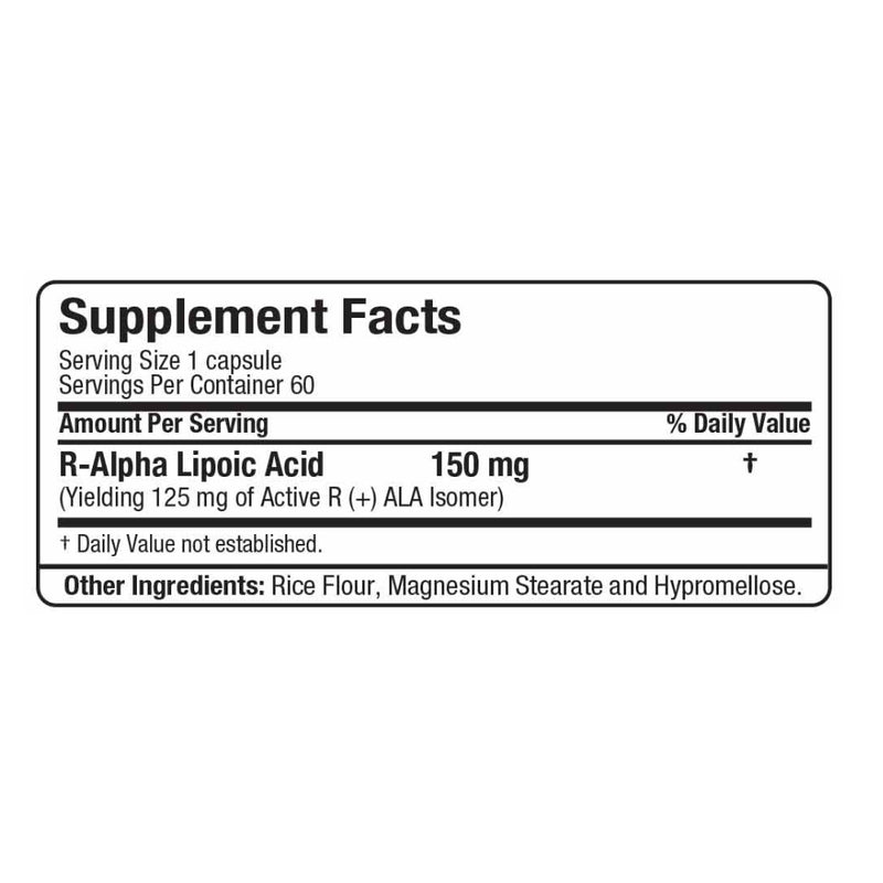 Allmax Nutrition R-ALA (60 caps) supplement facts of ingredients. ALA is also an extremely potent antioxidant, so powerful it is known as the Universal Antioxidant.
