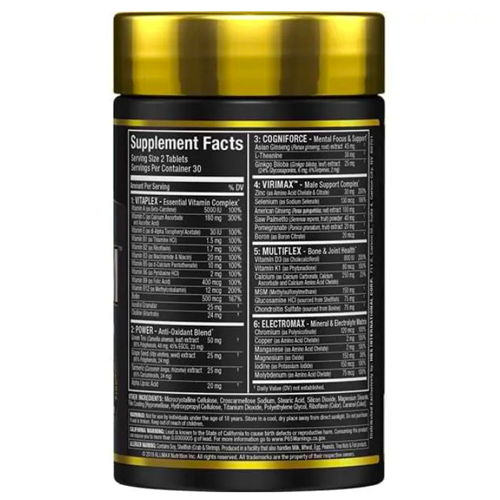 Allmax Nutrition Vitaform for MEN (60 tabs) bottle of ingredients | Complete Men's Multi-Vitamin
